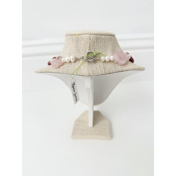 NWT Genuine Maroon Jade, Rose Quartz & Pearls Necklace Carved Flowers Pink White - Picture 4 of 5